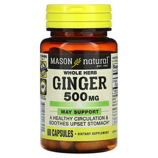 Mason Natural, Имбирь, цельные травы, 500 мг, 60 капсул