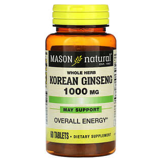 Mason Natural‏, "ג'ינסנג קוריאני Whole Herb, מכיל 1,000 מ""ג, 60 טבליות."