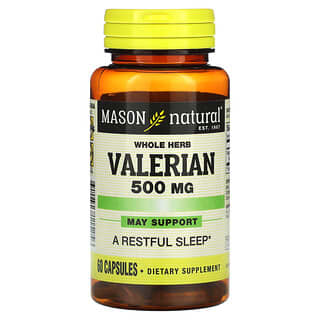 Mason Natural, Herb Valeriana Inteira, 500 mg, 60 Cápsulas
