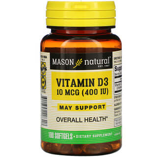 Mason Natural, Витамин D3, 10 мкг (400 МЕ), 100 мягких таблеток