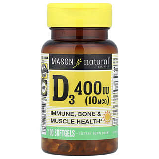 Mason Natural, Vitamina D3, 10 mcg (400 UI), 100 cápsulas blandas