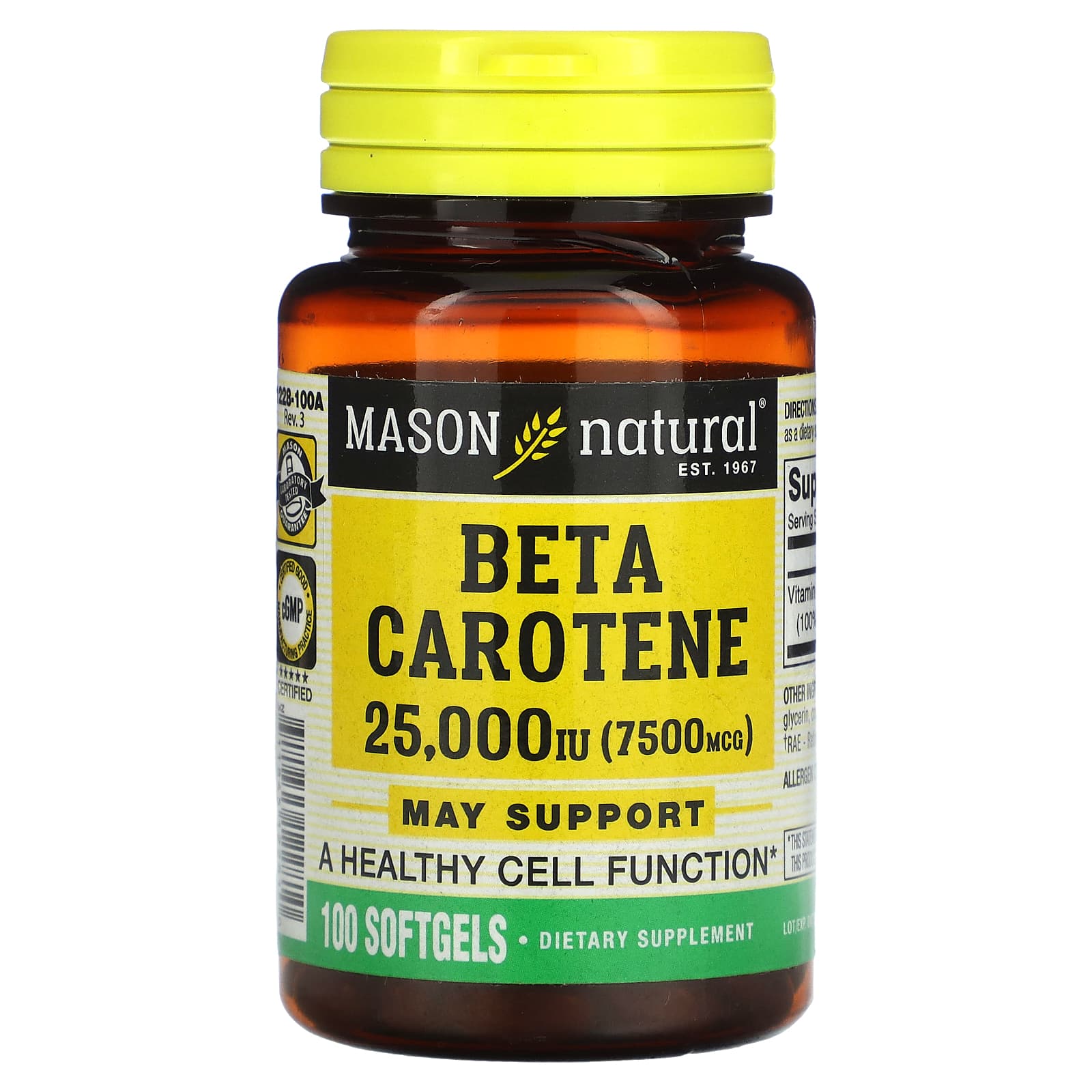 Mason Natural Beta Carotene 25000 Iu 7500 Mcg 100 Softgels