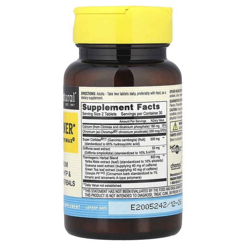 mason natural fat burner with chromium picolinate l-carnitine and iron Plus Super Citrimax®, 60 Tablets mg:10