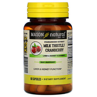 Mason Natural, 水飛薊/蔓越莓，標準提取物，肝腎清潔劑，60 粒