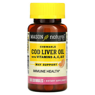Mason Natural, Óleo de Fígado de Bacalhau Mastigável com Vitaminas A, C e D, Laranja, 100 Comprimidos Mastigáveis