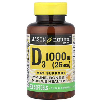 Mason Natural, Vitamin D3, 25 mcg (1,000 IU), 300 Softgels