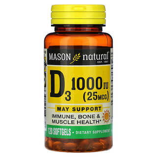 Mason Natural‏, "ויטמין D3, ‏25 מק""ג (1,000 יחב""ל), 120 כמוסות רכות."