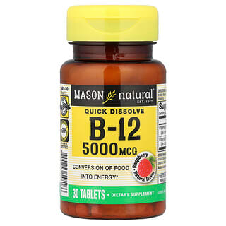 Mason Natural, быстрорастворимая таблетка, витамин B12, малина, 5000 мкг, 30 таблеток