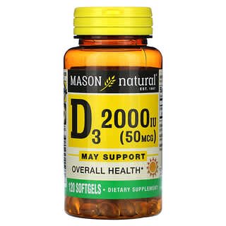 Mason Natural, Vitamina D3, 50 mcg (2000 UI), 120 cápsulas blandas