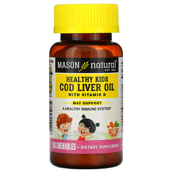 Mason Natural, Healthy Kids, жир печени трески с витамином D, апельсин, 100 жевательных таблеток