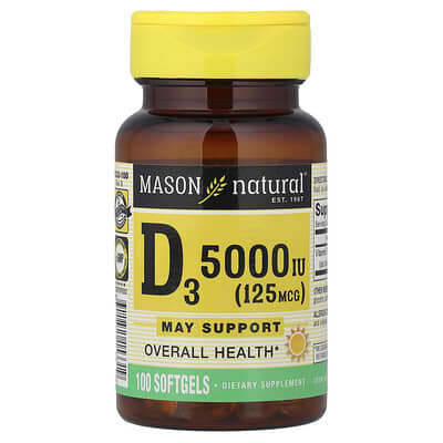 Mason Natural, Vitamin D3, 5000 IU (125 mcg), 100 Softgels