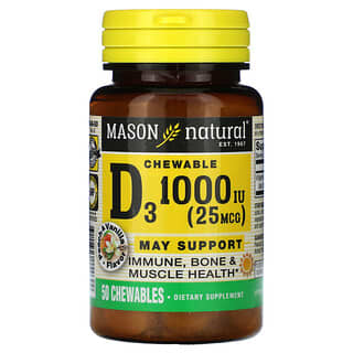 Mason Natural, Vitamina D3, melocotón y vainilla, 25 mcg (1000 UI), 50 comprimidos masticables