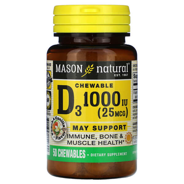 Mason Natural, Vitamin D3, Peach &amp; Vanilla, 25 mcg (1,000 IU), 50 Chewables