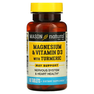 Mason Natural, Magnesio y vitamina D3 con cúrcuma, 60 tabletas