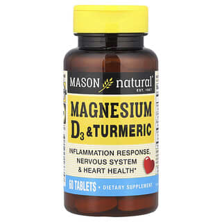 Mason Natural, Magneziu, Vitamina D3 și Turmeric, 60 de comprimate
