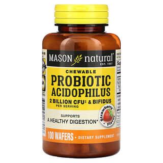 Mason Natural, Probióticos mastigáveis, Acidophilus e Bifidus, Morango, 2 Bilhões de UFCs, 100 Bolachas