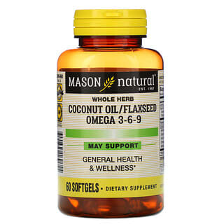 Mason Natural, Aceite de coco a base de hierbas integrales / omega 3-6-9 de linaza, 60 cápsulas blandas