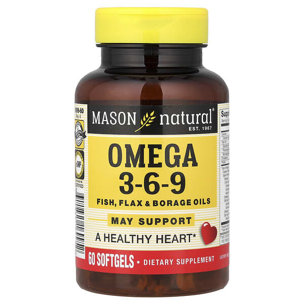 Mason Natural, Omega-3-6-9 魚、亞麻、玻璃苣油，60 粒軟膠囊