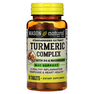 Mason Natural, Extrait standardisé, Complexe de curcuma avec vitamine D3 et magnésium, 60 comprimés