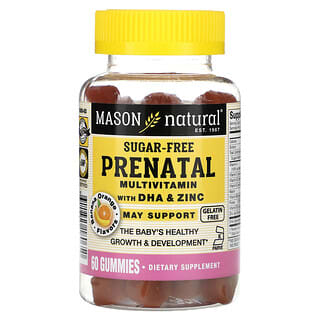 Mason Natural, Suplemento multivitamínico prenatal con DHA y zinc, Sin azúcar, Plátano y naranja, 60 gomitas
