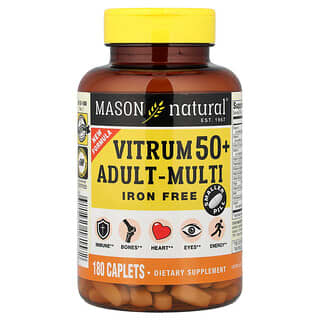 Mason Natural, Vitrum Suplemento multivitamínico para adultos de 50 años en adelante, Sin hierro, 180 comprimidos oblongos
