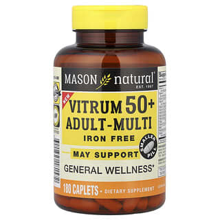 Mason Natural, Vitrum, Multivitamines pour adultes de 50 ans et plus, Sans fer, 180 comprimés-capsules