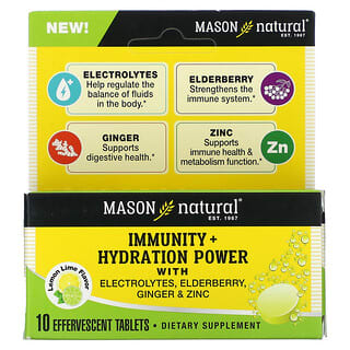 Mason Natural, Immunity + Hydration Power with Electrolytes, Elderberry, Ginger & Zinc, Lemon Lime, 10 Effervescent Tablets