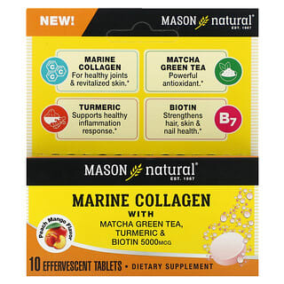 Mason Natural, морський колаген із зеленим чаєм матча, куркумою та біотином, персик і манго, 5000 мкг, 10 шипучих таблеток