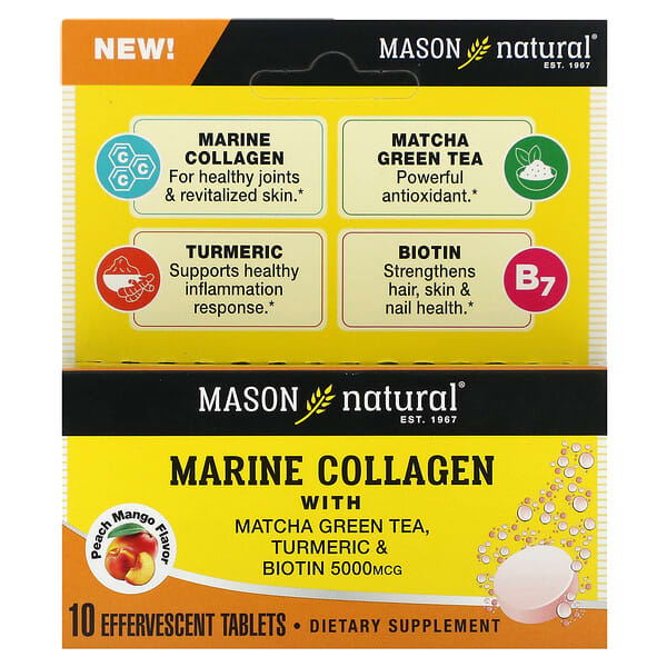 Mason Natural, Marine Collagen with Matcha Green Tea, Turmeric &amp; Biotin, Peach Mango, 5,000 mcg, 10 Effervescent Tablets