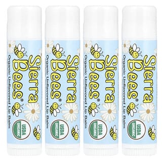 Sierra Bees, Pomada Para Labios Orgánica, Sin Sabor, Paquete de 4, .15 oz (4.25 g) Cada Uno