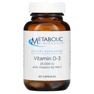 Metabolic Maintenance, Vitamin D-3 with Vitamin K2 MK-7, 25,000 IU, 60 Capsules