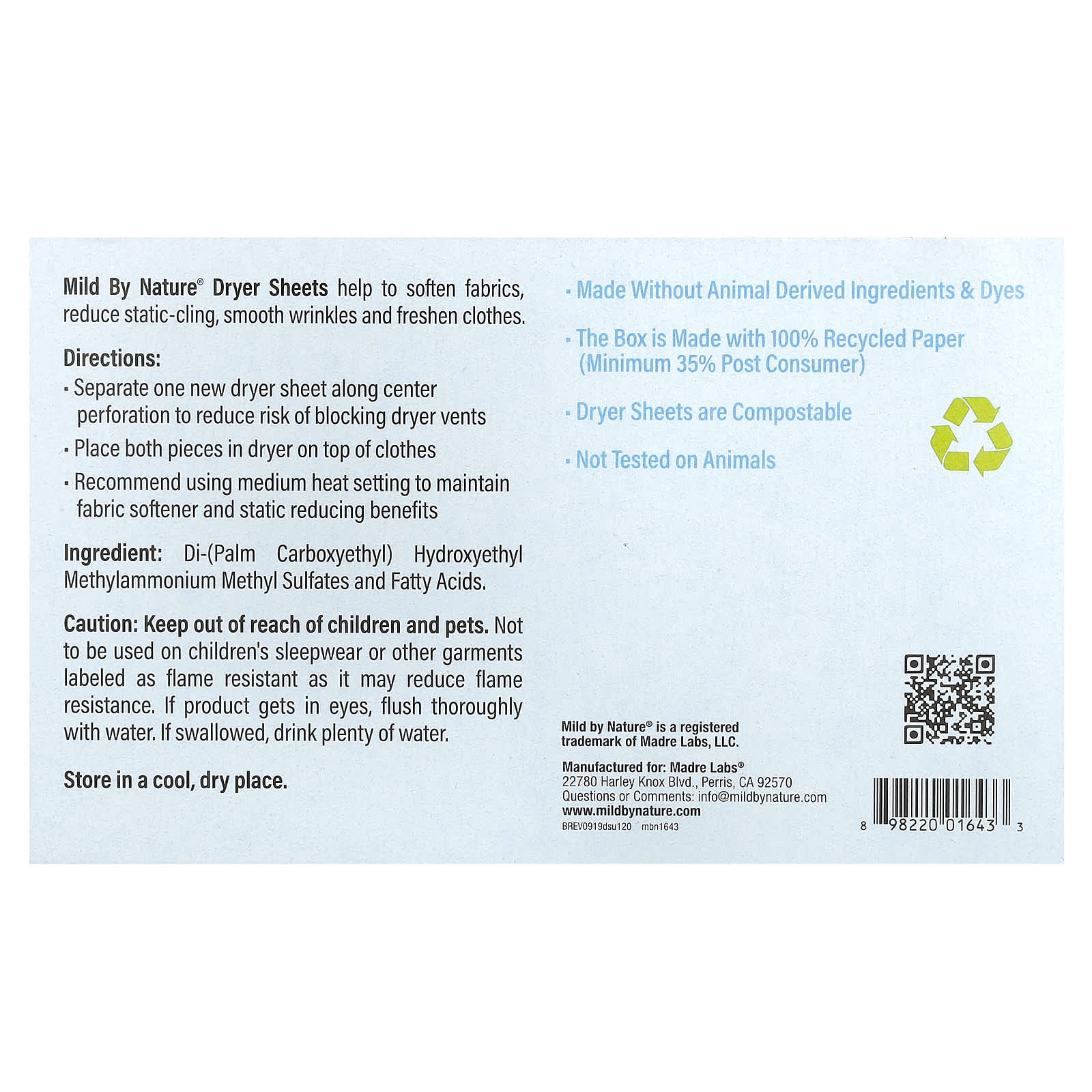 Mild By Nature, Dryer Sheets, Unscented, 120 Compostable Sheets