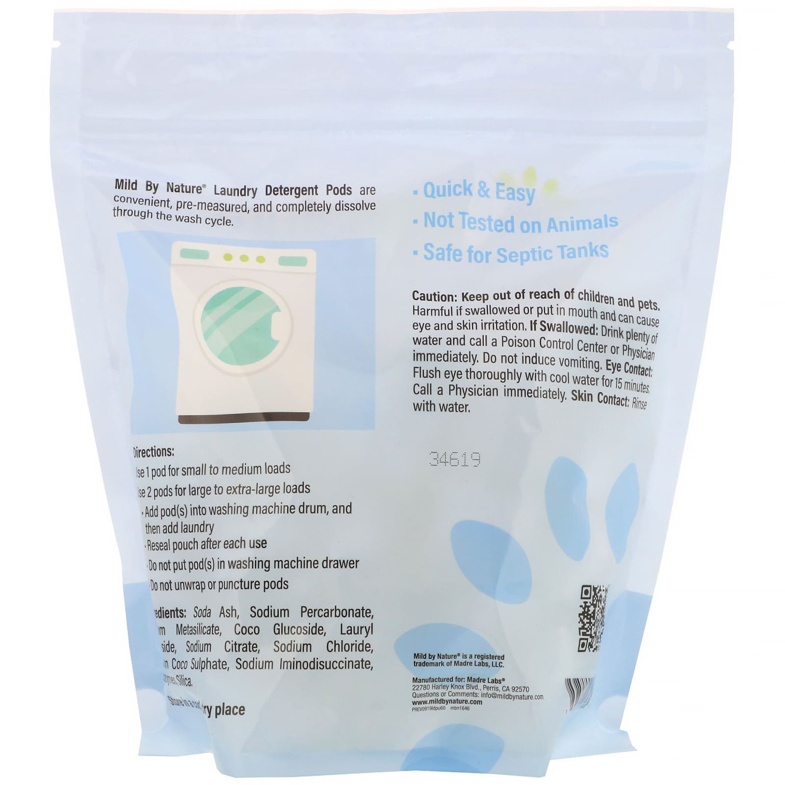 Mild By Nature, Laundry Detergent Pods, Unscented, 60 Loads, 2.38 lbs