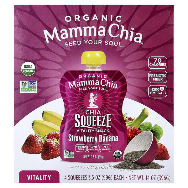 Mamma Chia, 유기농 Chia Squeeze® 활력 스낵, 딸기 바나나, 4팩, 각 99g(3.5oz)