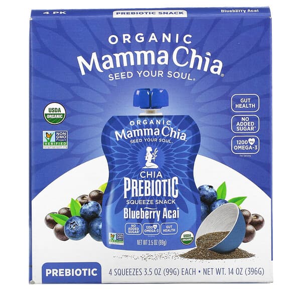 Mamma Chia, オーガニックチア・プレバイオティクス・スクイーズ、ブルーベリー＆アサイー、スクイズパウチ4袋入り、各99g（3.5 oz）