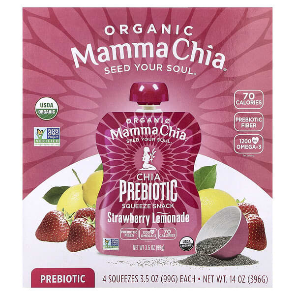 Mamma Chia, Organic Chia Prebiotic Squeeze Snack, клубничный лимонад, 4 пакетика, 99 г (3,5 унции)