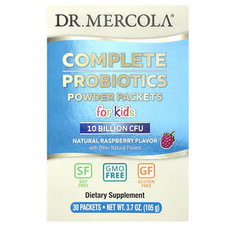 Dr. Mercola, Probióticos completos en polvo en sobres para niños, Frambuesa natural, 10.000 millones de UFC, 30 sobres, 3,5 g (0,12 oz) cada uno