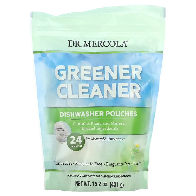  Dr. Mercola Greener, Cleaner Dishwasher Pouches, 24 pouches,  Chemical-free, No phosphates, No SLS, No fragrances, No chlorine, No dyes,  biodegradable ingredients : Health & Household