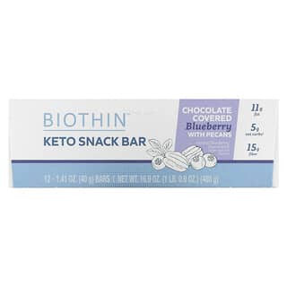 Dr. Mercola, Biothin, Barre de céréales cétogènes, Myrtilles américaines enrobées de chocolat et noix de pécan, 12 barres, 40 g pièce