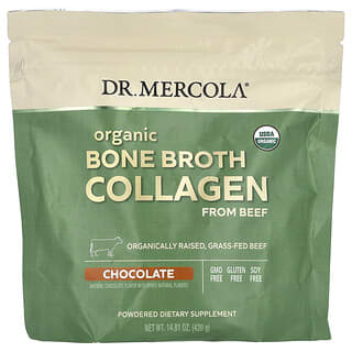 Dr. Mercola, Poudre de collagène biologique issu de bouillon d'os de bovins nourris à l'herbe, Chocolat, 420 g