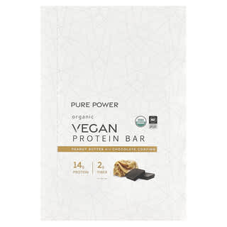 Dr. Mercola, Pure Power, Barre protéinée vegan biologique, Beurre de cacahuète avec enrobage chocolat, 12 barres, 52 g pièce