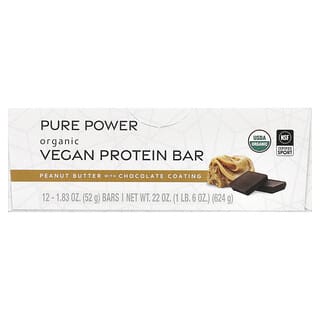 Dr. Mercola, Pure Power, Organic Vegan Protein Bar, Peanut Butter With Chocolate Coating, 12 Bars, 1.83 oz (52 g) Each