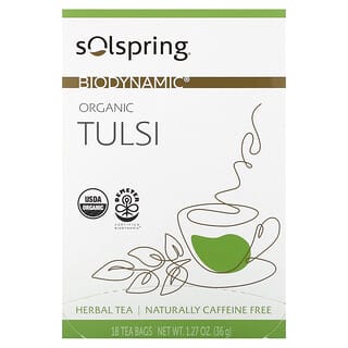 Dr. Mercola, Solspring, Biodinámico, Té de hierbas de tulsí orgánico, Sin cafeína`` 18 bolsitas de té, 36 g (1,27 oz)
