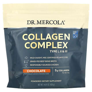 Dr. Mercola, Kompleks kolagenowy typu I, ll i LL, czekoladowy, 5 g, 420 g