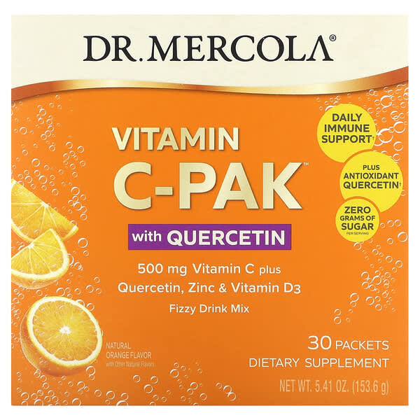 Dr. Mercola, 含槲皮素的維生素 C-PAK，天然橙味，500 毫克，30 包，每包 0.18 盎司（5.12 克）