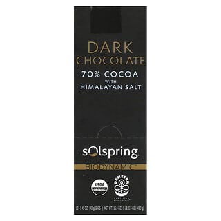 Dr. Mercola, Solspring, barretta di cioccolato fondente biodinamico, 70% di cacao con sale dell’Himalaya, 12 barrette, 40 g ciascuna