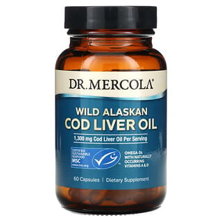 Dr. Mercola, Óleo de Fígado de Bacalhau Selvagem do Alasca, 1.300 mg, 60 Cápsulas (650 mg por Cápsula)