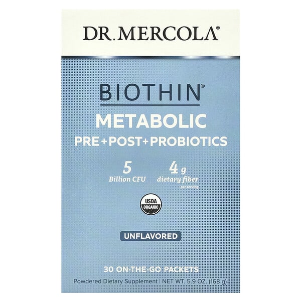 Dr. Mercola, Biothin®，代謝益生元 + 益生菌 + 益生素，原味，50 億 CFU，30 包便攜包，每包 0.19 盎司（5.6 克）