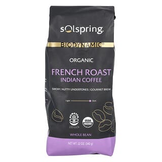 Dr. Mercola, Solspring, Biodinámico, Café indio orgánico de tostado francés, Grano entero, Negro, 340 g (12 oz)