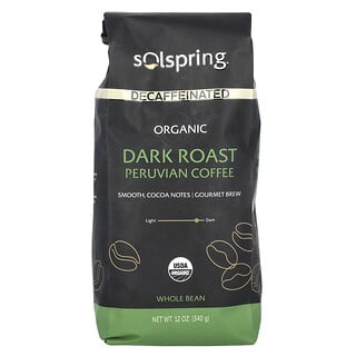 Dr. Mercola, Solspring, органический перуанский кофе, цельные зерна, темная обжарка, без кофеина, 340 г (12 унций)
